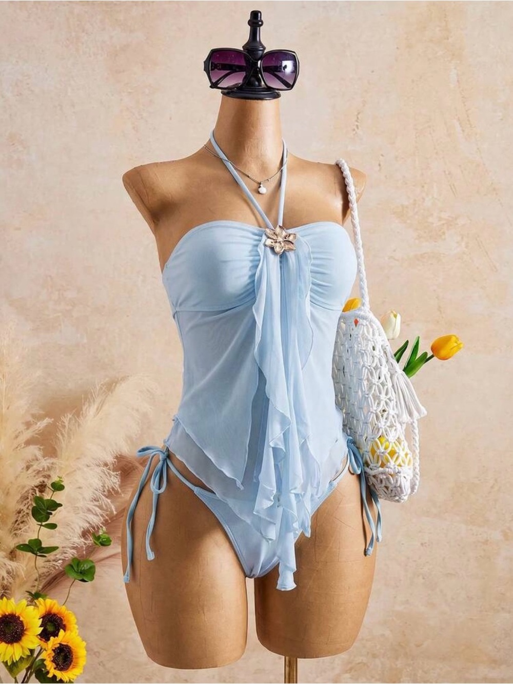 NEW Baby Blue Halter Tankini Set XS | Ruffle Floral Two Piece Swimsuit